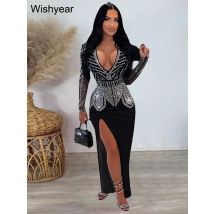 Elegante Geburtstag Frauen tiefen V-Ausschnitt Langarm Split Diamanten heiße Strass Maxi kleid Promi sogar Party Hochzeit Luxus
