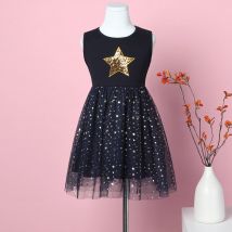 Mädchen Stern Pailletten ärmellose Sommer Kinder schwarz funkelnde Mode elegante Geburtstags feier Kleid sh1693