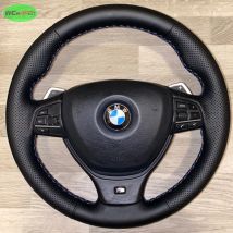 Ledergeflecht-Lenkradbezug für BMW 5 6 7 Serie F10 F07 F06 F12 F13 F01 F02 rot-blaue Linie perforiertes Mikrofaser-Leder
