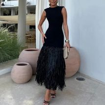 Frauen Mode Oansatz Ärmelloses Dünnes Langes Kleid Sexy Backless Aushöhlen Party Kleid Elegante Quaste Patchwork Gestrickte Weste Kleid