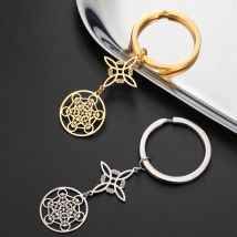 Witch Knot Metatron Cube Pendant Keychain Stainless Steel Keyring Car Key Chains Witchcraft Double Amulet Protection Accessories