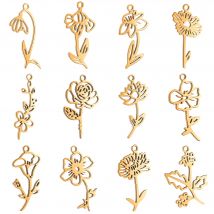 5PCS Stainless Steel 12 Birth Flower Charms Rose Pendant For Making Necklace Bracelet Earrings DIY Jewelry Accessories Wholesale