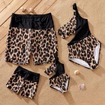 PatPat Family Matching Leopard Panel Cut Out Waist One-Shoulder One Piece Swimsuit or Swim Trunks Shorts Suitable for Summer