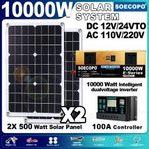 SOECOPO Kit solare completo da 10000 W Pannelli 2×500 W, Convertitore da 12 V/24 V a 110 V/220 V Controller 100 A a due prese –