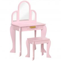 HOMCOM Tocador para Niños con Espejo y Taburete Tocador Infantil Tocador de Maquillaje para Niña de 3 a 6 Años con Cajón Rosa