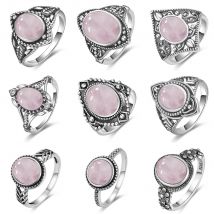 Vintage-Ring aus S925-Sterlingsilber mit natürlichem Rosenquarz, oval, rund und blumenförmig, Retro-Edelschmuck für Damen und Herren