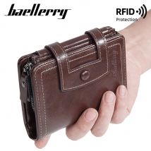 Baellerry portafoglio da uomo antifurto per carte con cerniera e fibbia portamonete corto in PU