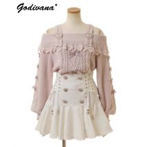 Liz Pullover 2024, neue Herbst- und Winter-Hosenträger-Off-Schulter-Strickpullover für Damen, süße Strickwaren-Oberteile mit doppeltem Schultergurt