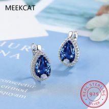 Creolen aus 925er-Sterlingsilber mit blauem Saphir im Birnenschliff für Damen, modischer Statement-Edelstein-Schmuck, Huggies