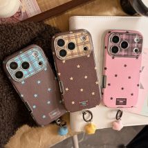 Vintage karierte Sternenhimmel-Kunst-Stern-Anhänger-Leder-Handyhülle für iPhone 17, 16, 15, 14, 13, 12, Pro Max, niedliche süße Cartoon-Abdeckung