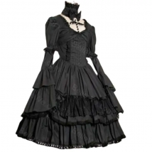 Herbst Frühling lange Puff Flare Ärmel Gothic Vintage Spitze Licht Lolita Kleid solide schwarze Ballkleid Kleid zwei Möglichkeiten tragen benutzer definierte