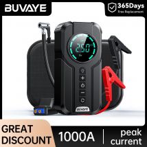 BUVAYE Batteria per auto portatile di avviamento Powerbank con pompa d'aria 150PSI Caricabatteria per auto 12V Batteria per auto booster 4 in 1