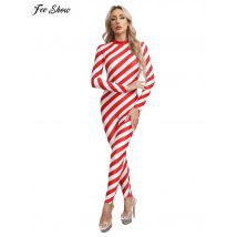 Costume da donna con bastoncino di zucchero natalizio, collo a lupetto, manica lunga, cerniera posteriore, tuta unitard a contrasto per la festa cosplay di Natale