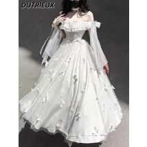 Abito dimagrante con spalle scoperte e fiocco Lolita bianco elegante e dolce da donna Abiti lunghi da principessa bianchi a vita alta stile francese