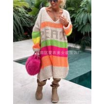 Regenbogen Streifen Extra Lange Strick Pullover Frauen Mode Lose V-ausschnitt Stricken Maxi Pullover Pullover Weibliche Herbst Winter Neue