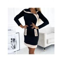 Casual Long Sleeve Solid Party Dress Fashion Color Blocking Patchwork Sport Dress Autumn Elegant Zip Hight Waist Slim Mini Dress