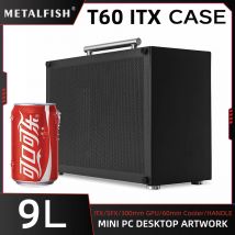 METALFISH T60 Mini ITX Custodia nera Telaio per computer da gioco da 9 litri Supporto PC compatto trasparente SFX PSU/GPU da 300 mm