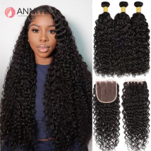 Brazilian Kinky Curly Bundles With Closure 4x4 Lace Closure With Bundles Remy 100% Human Hair Extensions Natural Color Hair 12A