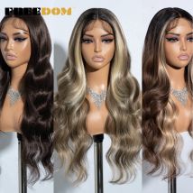 FREIHEIT Synthetische Lace-Front-Perücken für Frauen, 66 cm Highlight, honigbraune Körperwellen-Perücke, Ombre-blonde Spitzenperücke, synthetische Cosplay-Perücke