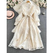 Luxus Elegante Blume Stickerei Spitze Kleider Frauen Sommer Herbst Laterne Volle Hülse Lange Party Kleid Weibliche Midi Robe