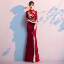 2025 rotes, verbessertes Cheongsam, Toastkleidung, chinesisches Hochzeitskleid, Verlobungskleid für Frauen, Frühling, Herbst, Damen-Qipao-Kleid