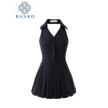 Sommer Frauen Mode Mini Halter Party Plissee Kleid A-linie Backless Schwarz Gestreiften V-ausschnitt Kleider Sexy Gyaru Y2k Streetwear Prom