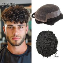 Spitze Pu Toupet Haar Männer 25mm Lockige Perücke Menschliches Haar OKT Französisch Spitze Männliche Haar Prothese Natürliche Mann Perücke haar System Perücke Für Männer