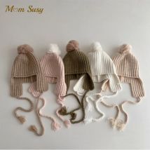 Baby Mädchen Junge Gestrickte Bomer Kappe Ohr Schutz Winter Herbst Frühling Kind Warme Beanie Hut Flauschigen Ball Outdoor Kappe 1-6Y