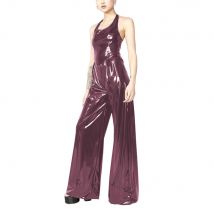 Glänzender PVC-Party-Overall mit Neckholder und Taille, ärmellos, rückenfrei, lockere, weite Beine, Hosen-Strampler, hohe Streetwear, Sommermode