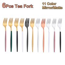 6 Pieces Gold Coffee Tea Fork Set Stainless Steel Fruit Fork Ice Cream Cake Dessert Mini Forks Afternoon Party 11 Color Cutlery