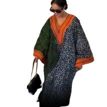 Elegantes, schlichtes, lockeres Kleid mit V-Ausschnitt für Damen, 2025, Frühling, Sommer, Urlaub, Druck, Patchwork, Maxikleid, lässig