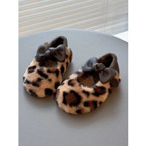 Children Flat Shoes 2025 Winter New Fur Cover Toe Light Warm Kids Casual Shoe Plush Warm Non-slip Leopard Girls Bow Leisure Shoe