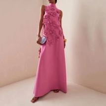 Customized Smiple Satin Long Prom DressesSleeveless Pleat 3D Flowers Evening Gown Formal High Neck Party Dress Floor Length 2026