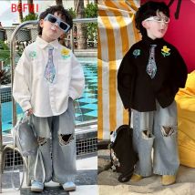 Bedrucktes Fake-Krawattenhemd für Jungen im Frühling und Herbst, zerrissene Jeans, 2-teiliges Set, neuer Graffiti-Loose-Fit-Langarm-dünner Hemd-Hosenanzug