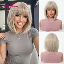 Bob White Blonde Gray Synthetic Wigs with Bangs for Women Short Straight Blonde Wigs Natural Daily Hair Cosplay Heat Resistant