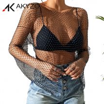 Y2k Mesh durchsichtig T-Shirt glänzenden Strass Fisch netz aushöhlen Frauen sexy Crop Top Langarm Camis vertuschen Party Tank Tops