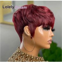 Lolely Dream Gerade Remy Echthaar-Perücken für Frauen, voll maschinell hergestellt, Burgunderrot, 99J-Farbe, kurze Bob-Perücke im Pixie-Schnitt mit Pony