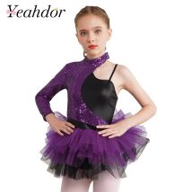 Costume da spettacolo di danza jazz latino per ragazze per bambini Ginnastica Paillettes lucide Pattinaggio di figura Samba Balletto Abito body con gonna in tulle
