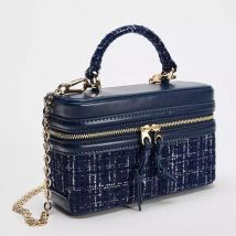 Textured Blue Tweed Mini Handbags For Women Patch Pu Leather Satchels Box Zipper Packs Female All-match Commute Crossbody Bags