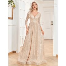 Luxuriöses formelles Abendkleid mit V-Ausschnitt und langen Ärmeln, blauen Pailletten, für Damen, Hochzeit, Party, Abschlussball, Maxi-Cocktailkleid