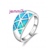 Exquisite Blue Fire Opal 925 Sterling Silver  Rings Fine Jewelry Accessory Geometric Pattern Opal Ring For Women Bijoux