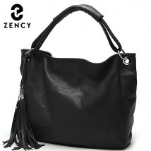 Zency 100 % weiche Damenhandtasche aus echtem Leder mit Quaste, schwarze Umhängetasche, große Tragetasche für A4-Bücher, Umhängetasche, Vintage-Stil