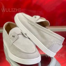 Light Brown Suede Winter Men Loafers White Sole Flat Shoes Casual Black Canvas Leather Metal Buckle Suitable Business