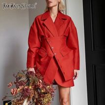 TWOTWINSTYLE Solid Irregular Blazer For Women Notched Collar Long Sleeve Patchwork Buttons Loose Chic Coat Female Fashion Style