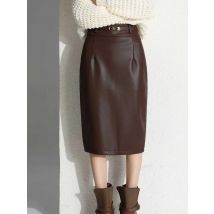 High Waist PU Leather Pencil Skirt with Back Slit. 2025 Autumn New Fashion Office Commute Slim Fit Midi Skirts for Women
