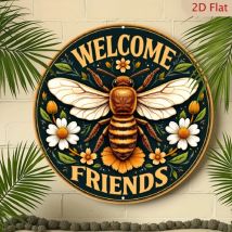 „Vintage Bee Welcome Sign: „Runde Aluminium-Wandkunst mit Blumenakzenten – bezaubernde Dekoration für Zuhause, Kaffeebar und mehr“