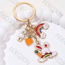 Niedlicher Kaninchen-Regenbogen-Karotten-Emaille-Schlüsselanhänger, schöne Tiere, Gemüse-Schlüsselanhänger für Frauen und Männer, Freundschaftsgeschenk, handgefertigtes Schmuckset