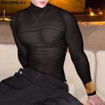 INCERUN Men T Shirt Mesh Long Sleeve See Through Turtleneck Male Tee Tops Sexy Streetwear Fashion Casual Men Clothing Solid