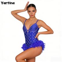 Women Shiny Rhinestone Feather Ballet Leotard Performance Costume Deep V-Neck Adjustable Spaghetti Straps Strappy Back Bodysuit