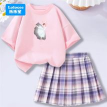 Modisches Kleid-Set für Mädchen – Cartoon-Ballett-Tänzer-T-Shirt, Oberteil und karierter Rock, zweiteiliges Set, Sommer-Outfit